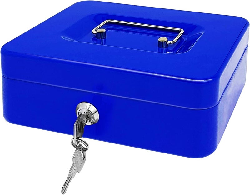 PACOLO Steel Cash Box with Key Lock, Metal Small Money Organizer with Money Tray,Cash Storage Box with Lockable Cover (Blue - 10 inch) - Image 1